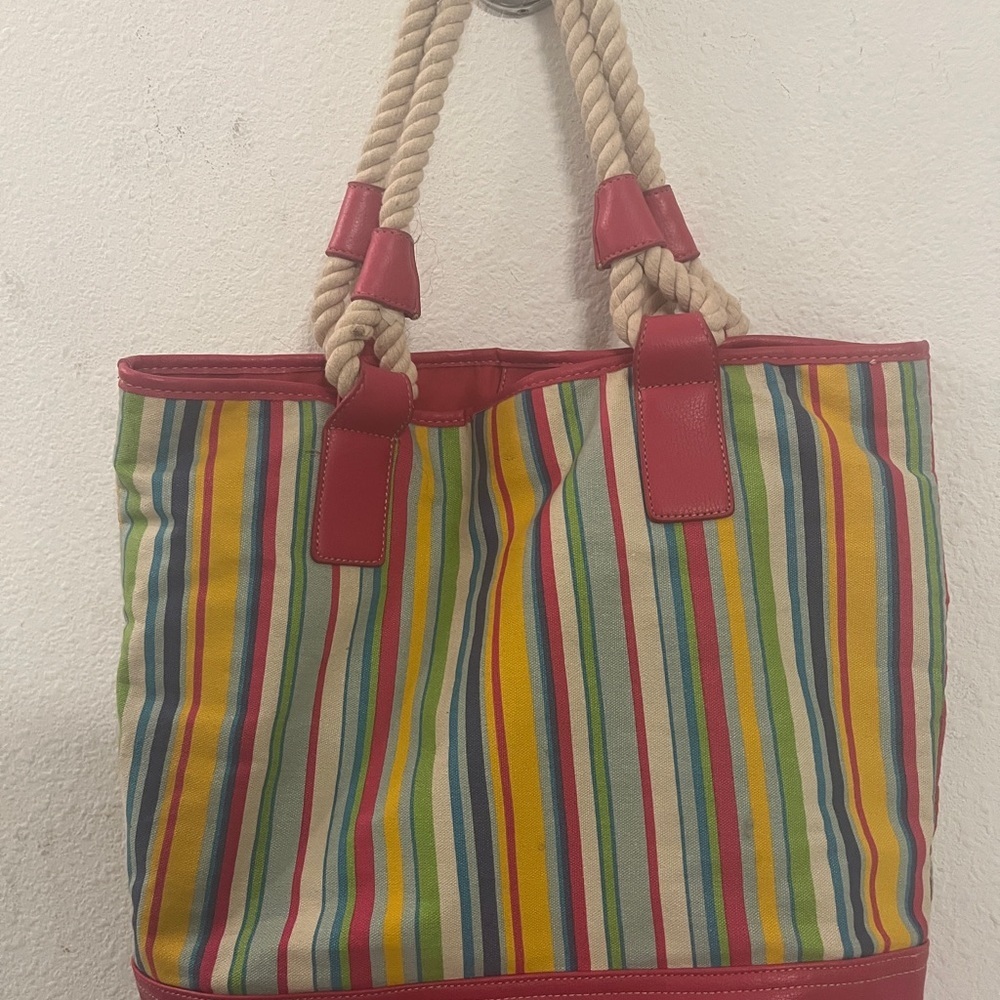 Colorful Striped Canvas Tote Bag Rope Handles Pink Trim Large Beach Bag